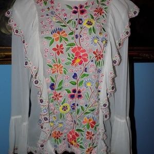 Anthropologie Sheer Floral Embroidered Ruffled Top
